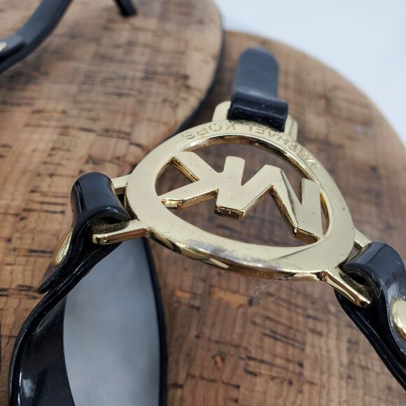 Michael Michael Kors Brown Black T Strap Gold Emblem Slip On Sandals Size 10 - Picture 4 of 8